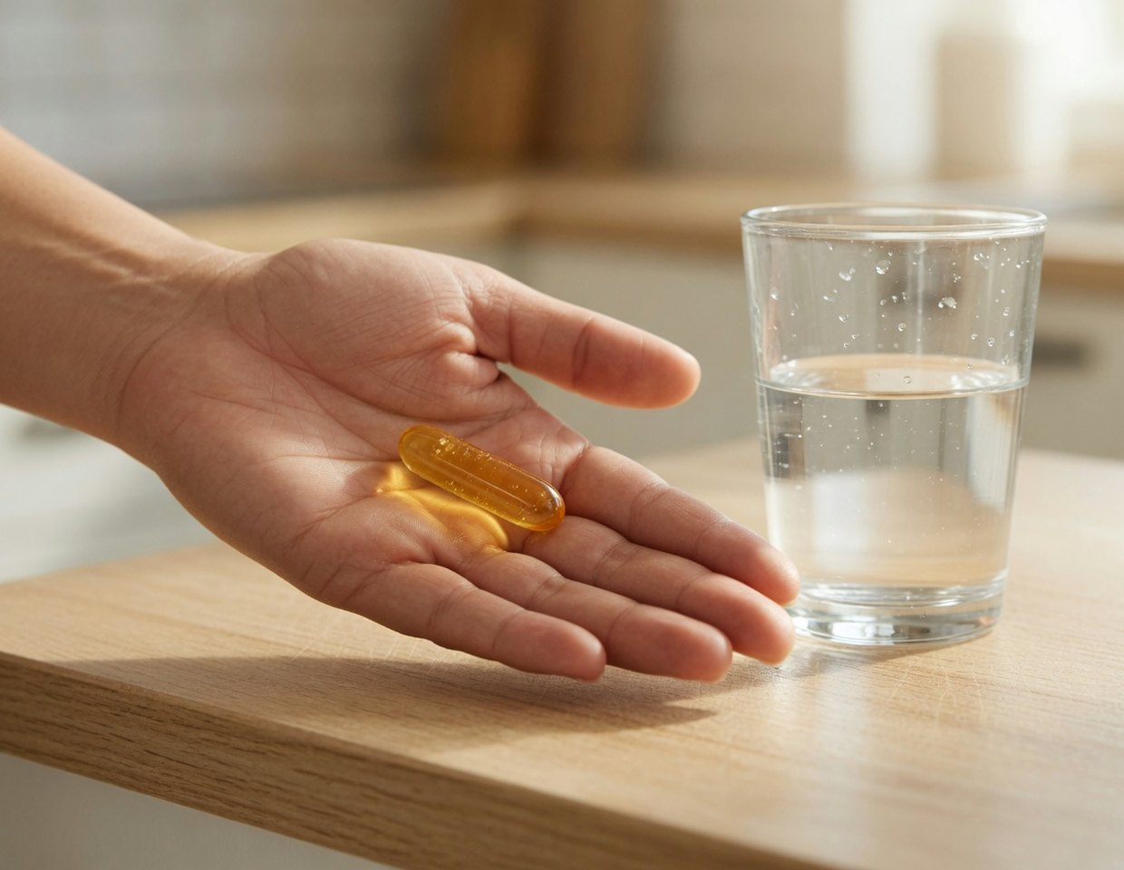 Offene Hand mit einer Kapsel und einem Glas Wasser auf der Küchenarbeitsplatte
