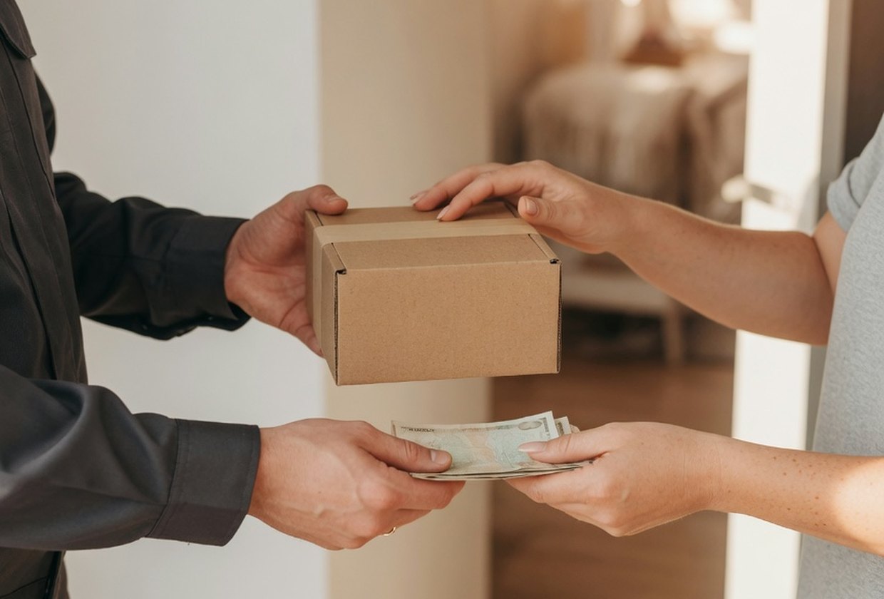 Der Bote übergibt das Paket, bezahlt wird bei Erhalt