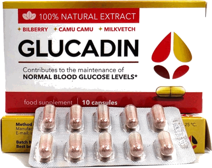 Opakowanie Glucadin obok blistra z dziesięcioma kapsułkami